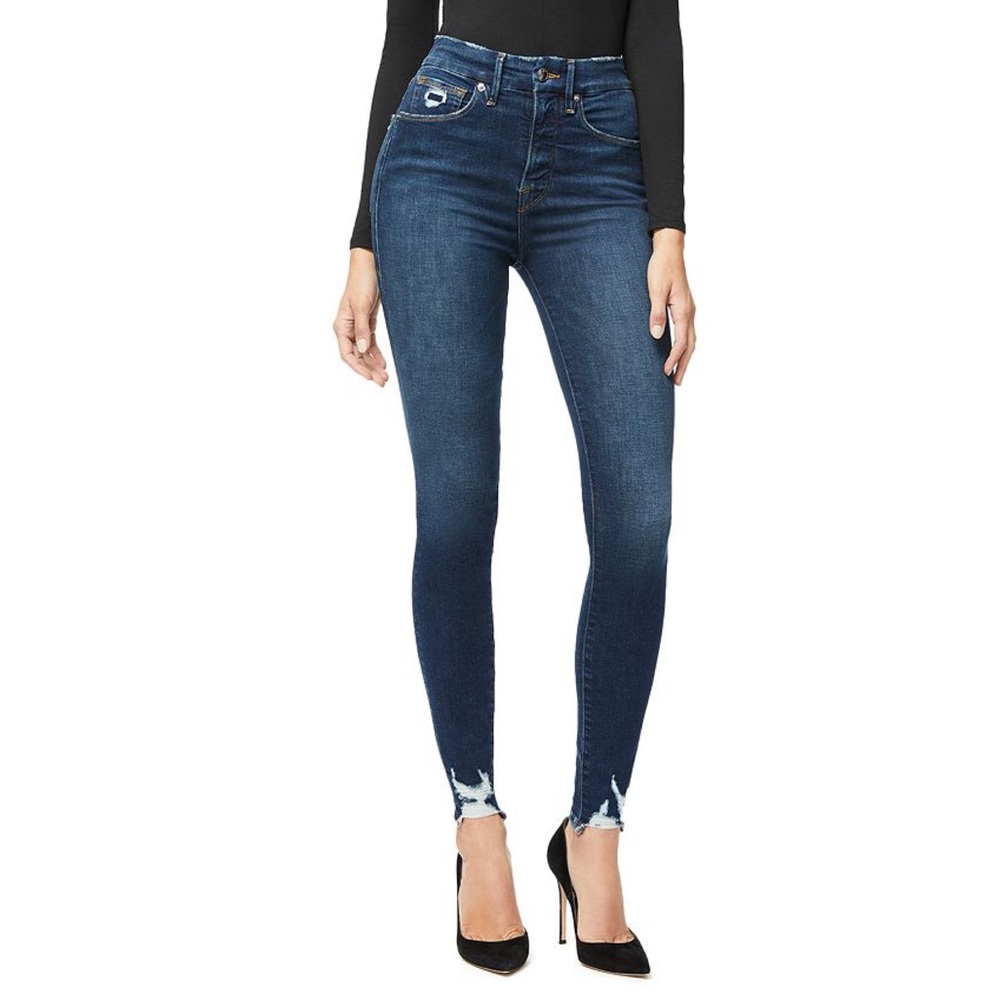 GOOD AMERICAN Good Waist High Rise Raw Hem Ankle Skinny Jeans / Blue 309